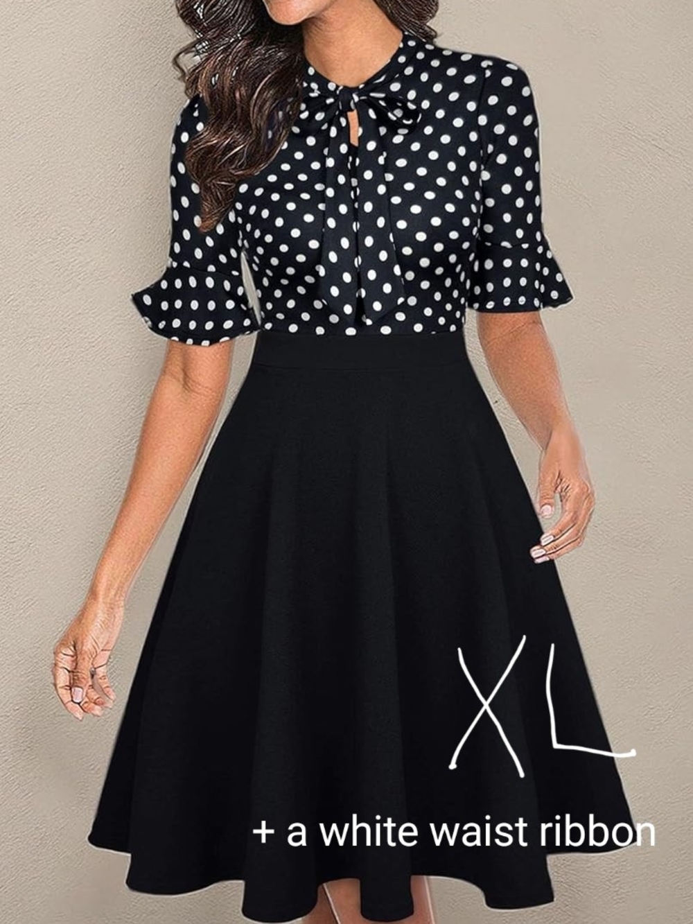 Polka Dot Black Midi Dress with Tie Neck